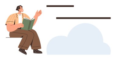 Elinde bir kitapla oturan bir insan, sanki anlatıyormuş gibi el kol hareketi yapıyor. Minimalist çizgiler ve bulut, bilgi, hikaye anlatma, yaratıcılık, farkındalık, eğitim ve hayal gücü fikirlerini çağrıştırıyor. Basit.