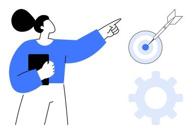 Kendine güvenen bir kadın, elinde bir tabletle elinde okla bir hedef tahtası, vites simgesinin yanında. Strateji, hedefler, liderlik, iş büyümesi, başarı planlama, motivasyon, basit daire
