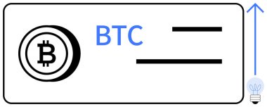 Bitcoin logosu, BTC metin, yukarı doğru ok ve kripto para birimi büyümesini ve yeniliğini temsil eden ampul. Engelleme zinciri, finans, yatırım, teknoloji, ilerleme şifreleme dijital para birimi için ideal