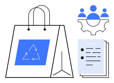 Geri dönüşüm işaretli tekrar kullanılabilir kağıt torba, takım işbirliği sembolü ve belge dosyaları. Sürdürülebilirlik, takım çalışması, eko-bilinç, proje planlaması, çevre bilinci, ofis için ideal
