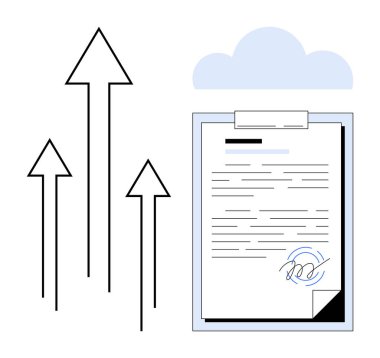 İmzalı kağıt, yukarı doğru oklar ve bulut aksanı olan bir pano. İş için ideal, ilerleme, büyüme, başarı, yenilik stratejisi başarısı. Basit düz metafor