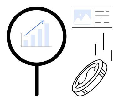 Yükselen trend, düşen para ve döküman önizlemesi ile birlikte bar tablosunun üzerindeki büyüteç. Analiz, finans, yatırım, ekonomi, strateji, veri görselleştirme ve büyüme için idealdir. Modern basit daire