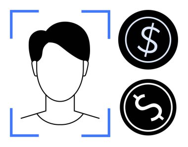 Finansal işlemlerde dijital kimlik kullanımını gösteren para birimi simgeleriyle birlikte tanıma çerçevesi içindeki yüz hatları. Fintech, biyogüvenilirlik, ödemeler, dijital cüzdanlar, kimlik için ideal