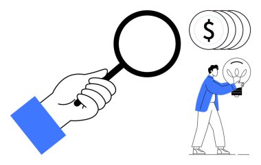 El ele tutuşan büyüteç, yaratıcılığı sembolize eden ampul taşıyan kişi, finansal yatırımı gösteren bir yığın bozuk para. Araştırma, yenilik, iş büyümesi ve finans için ideal