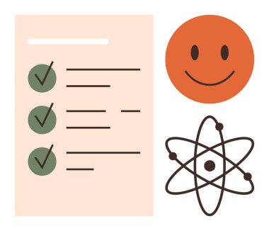 Tamamlanmış görevleri olan kontrol listesi, pozitiflik için gülen yüz, bilim ve yeniliği temsil eden atomik yapı. Üretkenlik, eğitim, başarı, bilim, yaratıcılık ve başarı için ideal