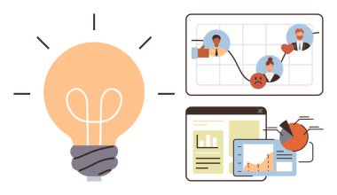 Fikir sembolü olarak ampul, duyguları olan insan ağı ve kavrayış için analitik gösterge paneli. Takım çalışması, analitik, yenilik, yaratıcılık, strateji, bağlantı ve basit çözümler için idealdir