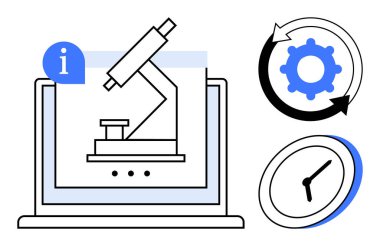 Dizüstü bilgisayarda mikroskop, ayarlar, döngüsel oklar ve saat. Araştırma, yenilik, verimlilik, teknoloji, zaman yönetimi optimizasyon verimliliği için ideal. Temiz daire