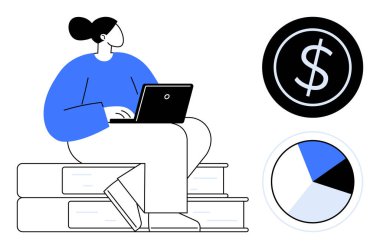 Yanında para ve pasta grafiği simgeleri olan dizüstü bilgisayarlarla uğraşan biri. Finans, eğitim, teknoloji, çevrimiçi öğrenme, analiz, iş hayatı dengesi ve kariyer için ideal