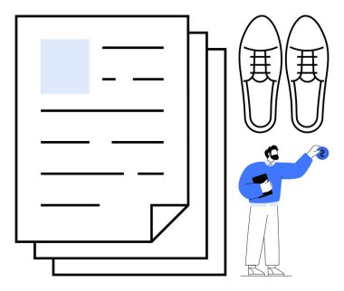 Özgeçmiş kağıtları, sıradan ayakkabılar ve kariyer yollarını, iş olanaklarını, iş hayatını dengeyi, adam toplama, kişisel gelişim, kararlar, basit düz metaforu temsil eden bir not defteri ve para tutan bir kişi.