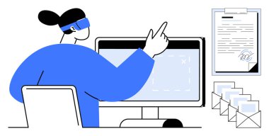 VR kulaklık kullanan bir kadın, belge, pano ve e-postaları imzalamak için monitörle etkileşime geçiyor. Teknoloji, dijital dönüşüm, VR uygulamaları, sanal çalışma alanları, e-imzalar için ideal