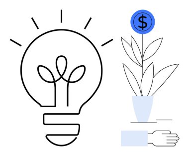 Ot içinde para yetiştiren otlarla bezenmiş filizlenen bir ampul. Finans, yatırım, yenilik, sürdürülebilirlik, büyüme, girişimcilik ve yaratıcılık için idealdir. Basit düz