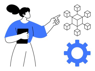 Tablet tutan kadın, birbirine bağlı küp ağına ve teçhizatına bakıyor. Teknoloji, yenilik, engelleme zinciri, takım çalışması, araştırma, dijital çözümler ve organizasyon kavramları için ideal. Basit düz