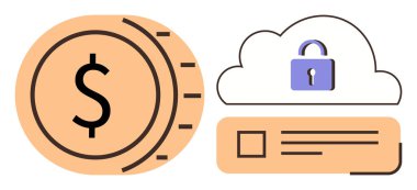 Kilitli bir bulut ve işaretlenmiş veri çubuğunun yanında, veri güvenliği, finansal güvenlik ve bulut teknolojisini temsil eden bir dolar para. Bankacılık, siber güvenlik, tasarruf, fintech, IT için ideal