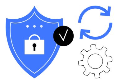 Kilitli mavi kalkan, işaretli, dairesel oklar, ve veri güvenliğini, güveni, sistem güncellemesini, yapılandırmayı, teknik entegrasyon siber güvenliğini ve işlem verimliliğini sembolize eden ekipman. Basit düz