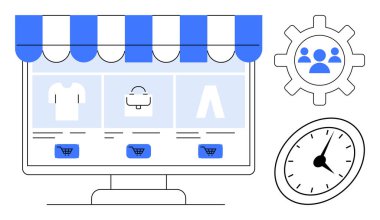 Masaüstü ekranında bir çevrimiçi mağaza, mavi ve beyaz çizgili tepe örtüsü, alışveriş arabası simgeleri, kullanıcı simgeleri ve saat bulunur. E-ticaret, perakende, alışveriş, dijital araçlar zaman yönetimi için ideal