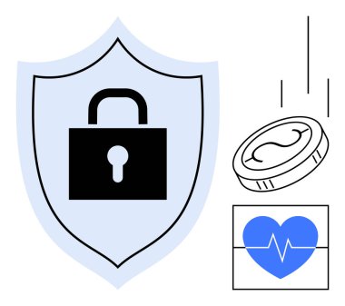Koruma kalkanına, maddi meseleler için madeni paraya, sağlık kontrolü için kalp atışına kilit vurun. Siber güvenlik, finans, sağlık, güvenlik, sigorta veri gizliliği için idealdir. Basit bir daire.