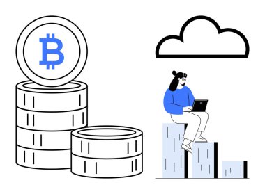 Çubuk grafikte dizüstü bilgisayar kullanan birinin yanında yığınla Bitcoin madeni para. Bir bulut simgesi içerir. Kripto para birimi, engelleme zinciri, finans, yatırım, teknoloji, bulut depolama ve fintech için ideal. A
