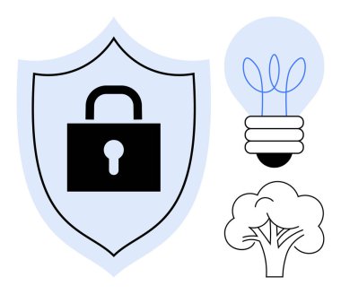 Asma kilidi olan kalkanlar güvenliği temsil ediyor, yenilik için bir ampul ve sürdürülebilirlik için bir ağaç ile eşleştiriliyor. Çevrimiçi güvenlik için ideal, ekolojik bilinç teknolojisi, fikri mülkiyet, yaratıcılık