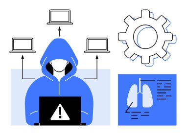 Diz üstü bilgisayarı olan kapüşonlu bir figür, bilgisayar, dişli ve veri tablolarının ikonlarıyla çevrili siber tehditleri veya hacklemeleri gösteriyor. Teknoloji, siber güvenlik, hackleme, dijital suç ve veri için ideal