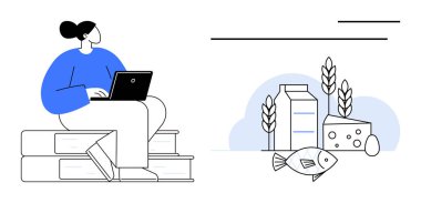 Dizüstü bilgisayar kullanarak kitap istiflemiş bir kadın, süt, peynir, balık ve buğday görselleri ile eşleştirilmiş. Eğitim, beslenme, öğrenme, araştırma gıda eğitimi için idealdir. Basit düz metafor.