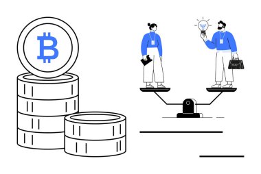 Bitcoin paralarını terazinin üzerinde duran iki insanın yanına istifleyip fikir alışverişinde bulundular. Finans, eşitlik, takım çalışması, engelleme zinciri, kripto para, karar verme yeniliği için ideal. Basit düz metafor