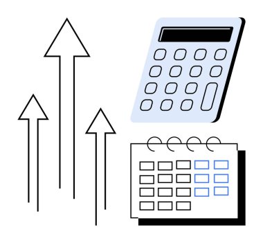 Hesaplayıcı, spiral takvim ve planlama, finansal büyüme ve artan başarıyı sembolize eden yükselen üç ok. Yatırım, bütçe, muhasebe ve analitik stratejisi için ideal