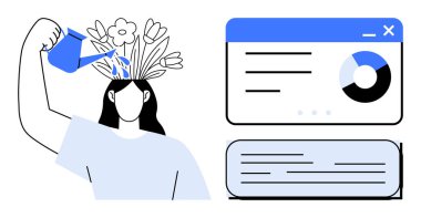 Büyümeyi sembolize eden kişinin başından çiçek açan bitkilere su dökmesi. Yanında da veri paneli ve metin kartı var. Eğitim, yaratıcılık, veri, kişisel gelişim, bilgi, yenilik için ideal, basit