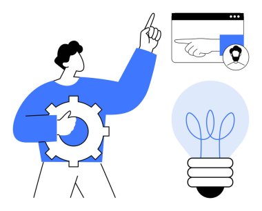 Ekipman tutan ve profil ve elle arayüzü işaret eden kişi, parlayan ampulün yanında. Takım çalışması, yenilik, sorun çözme, teknoloji, yaratıcılık, liderlik, iş dünyası için ideal