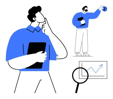 Birini düşünen ve analiz eden iki kişi bir belge tutuyor, diğeri ise veri içgörüsü ve grafikleriyle meşgul. Takım çalışması, fikir üretimi, araştırma, analitik, planlama, işbirliği için ideal