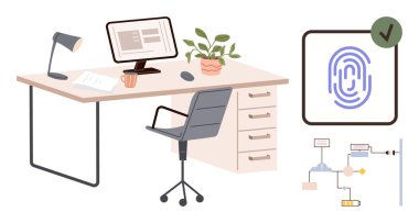 Bilgisayarlı ofis masası, bitki, lamba, sandalye. Vurgulanmış parmak izi tarayıcı ve güvenlik akış şeması. Siber güvenlik, dijital kimlik, kimlik doğrulama, çevrimiçi güvenlik parola yönetimi için ideal