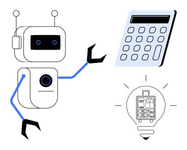 Hesap makinesinde robot hareketleri ve parlayan ampul yapay zekayı, otomasyonu, yaratıcılığı, problem çözmeyi ve verimliliği gösteriyor. Teknoloji, yenilik, iş ve eğitim için ideal