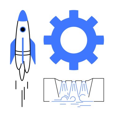 Roket yukarı doğru yükseliyor, teçhizat sembolize mekanizmalar, kanaldan akan su. Yenilik, takım çalışması, mühendislik, ilerleme, teknoloji endüstriyel tasarım fütüristik kavramlar için idealdir. Basit.