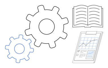 Birbirine kenetlenmiş vitesler, açık bir kitap ve veri tablosu takım çalışması, araştırma, planlama, analitik, yönetim, eğitim ve stratejiyi simgeler. Basit düz konseptlerde üretkenlik için ideal