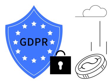 Yıldız, kara kilit, bulut, düşen çizgiler ve bozuk para ile GDPR etiketli mavi kalkan basit bir metaforda veri gizliliği, güvenlik, yasalar, uyum, koruma yönetimi ve teknolojiyi vurguluyor