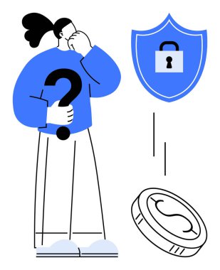 Elinde soru işareti olan kişi, kilidi olan kalkan, nakliye güvenliği, madeni parayı temsil eden para düşüşü. Karar verme, siber güvenlik, finans, veri koruması, risk değerlendirmesi, merak için ideal