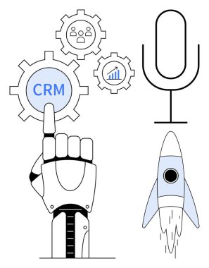 Robotik el CRM teçhizatı ile etkileşime giriyor, mikrofon yapay zeka ses kontrolü, roket büyümesini simgeliyor. Yapay zeka, otomasyon, CRM, yenilik, teknolojik ilerleme, iş analizi için ideal basit düz metafor