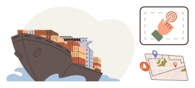 Kargo gemisi dalgalar halinde hareket eden konteynırlarla dolu. Lojistik, etkileşimli harita ve rota planlamasını sembolize eden GPS simgeleri. Ulaşım, taşımacılık, küresel ticaret, navigasyon, lojistik için ideal