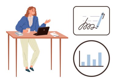 Masada duran bir kadın elinde kahve, kitap, grafik ve dijital imzayla dizüstü bilgisayarda çalışıyor. İş için ideal, takım çalışması, üretkenlik, uzaktan çalışma teknolojisi veri iletişimi. Basit düz