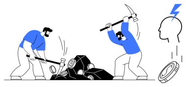 Madenciler taşları aletlerle yontarken madeni paralar bir yıldırımla kafa gösterimi ortaya çıkıyor. Kripto para birimi, blok zinciri, yenilik, takım çalışması, dijital madencilik ve fintech için ideal