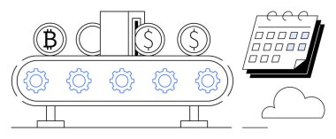 Bitcoin, dolar simgeleri, takvim ve bulut içeren taşıma bandı. Finans için ideal, kripto para birimi, engelleme zinciri, otomasyon, planlama teknolojisi fintech. Basit düz metafor