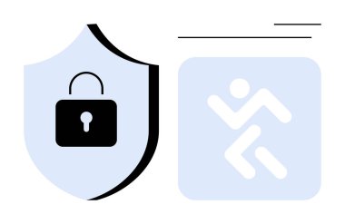 Siyah kalkan, kilit simgesi ve çıkış işaretinin içinde hareket figürü var. Güvenlik, koruma, kaçış planı, güvenlik tedbirleri, risk azaltma, siber güvenlik kavramları, basit düz metafor