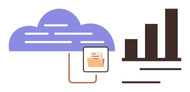 Dosya dizinine bağlı mavi bulut veri transferini simgeliyor, siyah çubuk grafiğinin yanında. Veri analizi, bulut hesaplama, dosya paylaşımı, dijital depolama, iş anlayışı, analitik, basit