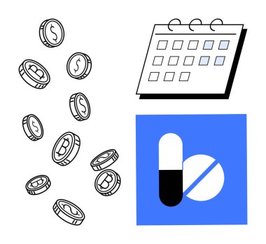 Düşen paralar parayı sembolize eder, aylık takvim planlamayı ve hap imgesi de sağlık hizmetini simgeler. İlaç maliyeti, sigorta, bütçe, tasarruf, planlama, sağlık yönetimi için ideal