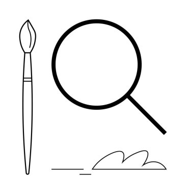 Büyüteç, boya fırçası ve minimal çizgiler yaratıcılığı ve analizi simgeler. Tasarım, sanat, eğitim, ilham, keşif araştırmaları için ideal. Basit düz metafor