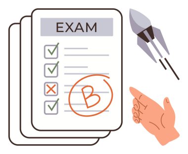 Sınav kağıdında kontrol listesi ve B işareti var. El hareketi ileri işaret ediyor. İlerleme için roket. Eğitim, değerlendirme, hedefler, geri bildirim, kişisel gelişim, başarı için ideal