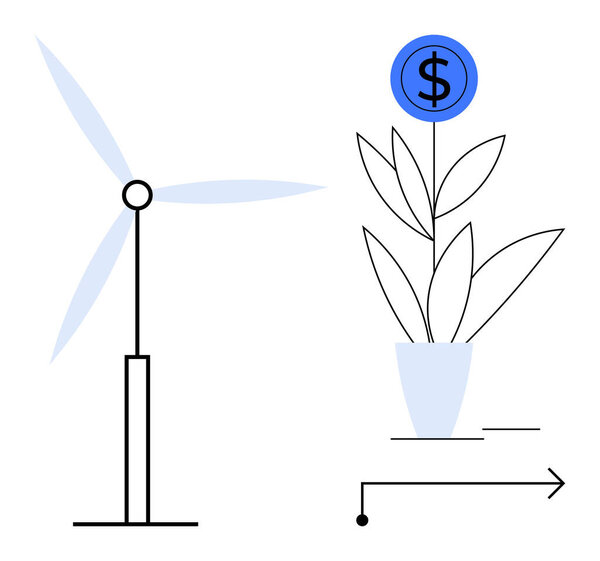 Wind turbine spinning alongside a growing plant with a dollar sign icon at the top. Ideal for energy, investment, sustainability, innovation, eco-awareness, green business, and clean future concepts