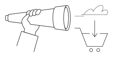 Elinde teleskopla fırsatları araştırıyor, online alışveriş arabasına odaklanıyor. E-ticaret, strateji planlaması, müşteri sezgileri, iş büyümesi, pazar analizi, yenilik için ideal