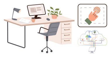 Dokunmatik etkileşim ve bulut ağını gösteren ek elementlerle bir masa, bilgisayar, lamba ve bitkinin yer aldığı ofis kurulumu. Üretkenlik, teknoloji, yenilik ve uzaktan ağ kurmak için ideal