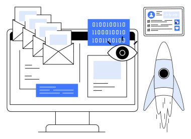E-postalar, veri içeren bilgisayar ekranı, profil kartı, roket fırlatma ve ikili kod tasvir teknolojisi, siber güvenlik, veri gizliliği, iletişim dijital pazarlama yeniliği ve büyüme. Basit.