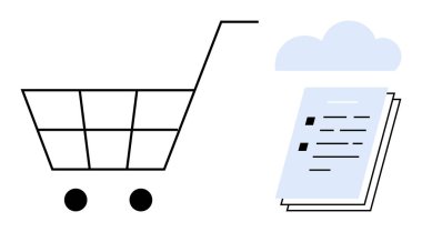 Alışveriş arabası ve bulut depolanmış görev listesi e-ticaret, planlama, organizasyon, veri depolama, teknoloji, üretkenlik ve modern alışveriş alışkanlıklarını gösteriyor. İş için ideal, perakende ve basit daire